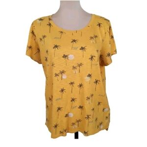 Lucky Brand Novelty Print Tee Women's Size Large Short Sleeve Palm Trees Yellow
